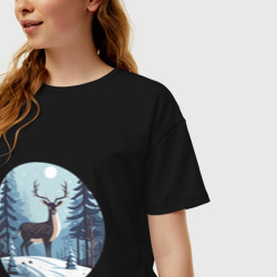 Женская футболка хлопок Oversize Зимняя сказка олень в лесу - фото 2