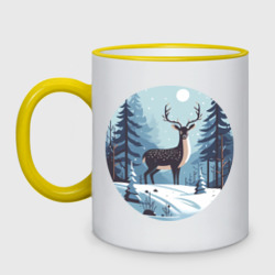 Кружка двухцветная Зимняя сказка олень в лесу