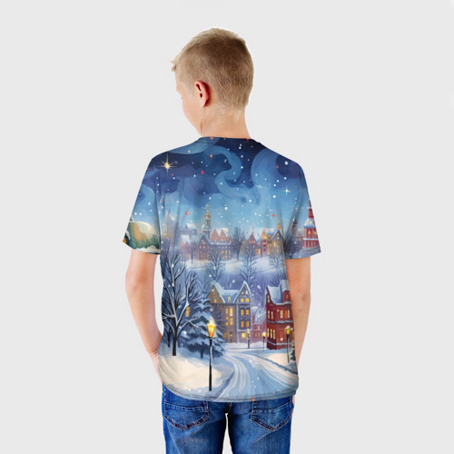 Детская футболка 3D с принтом New year  city, вид сзади #2