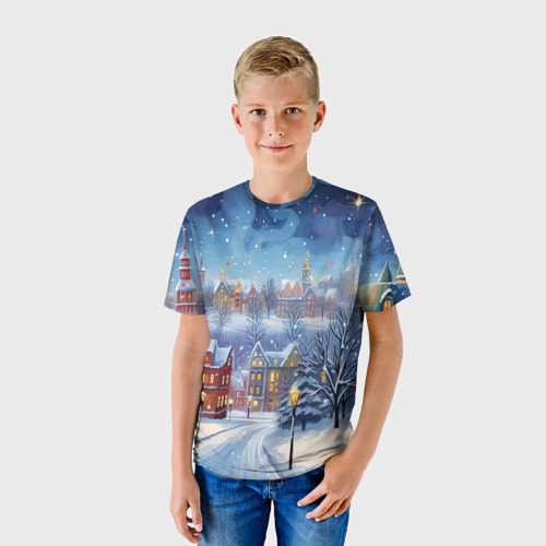 Детская футболка 3D с принтом New year  city, фото на моделе #1