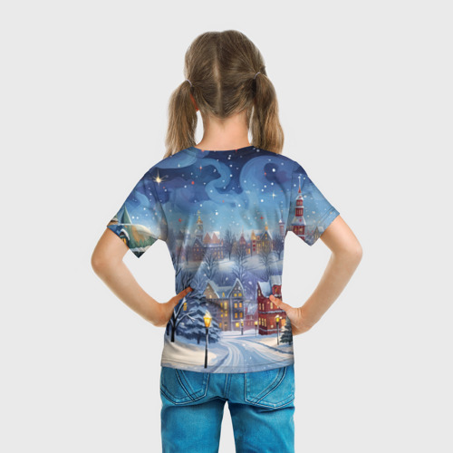 Детская футболка 3D с принтом New year  city, вид сзади #2