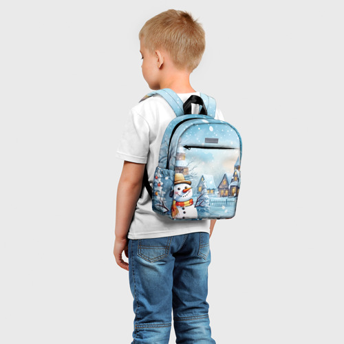 Детский рюкзак 3D с принтом Новогодний городок и снеговики, фото на моделе #1