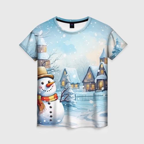 Женская футболка 3D с принтом Новогодний городок и снеговики, вид спереди #2