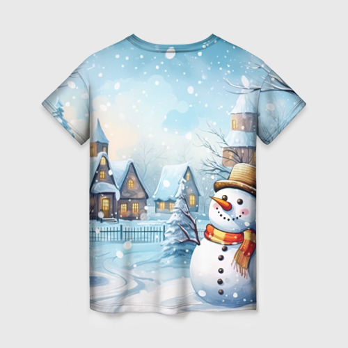 Женская футболка 3D с принтом Новогодний городок и снеговики, вид сзади #1