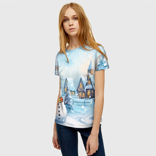 Женская футболка 3D с принтом Новогодний городок и снеговики, фото на моделе #1