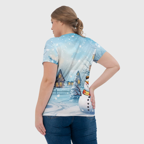 Женская футболка 3D с принтом Новогодний городок и снеговики, вид сзади #2