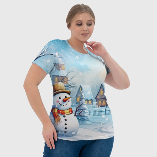 Женская футболка 3D с принтом Новогодний городок и снеговики, фото #4