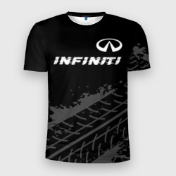 Мужская футболка 3D Slim Infiniti speed на темном фоне со следами шин посередине