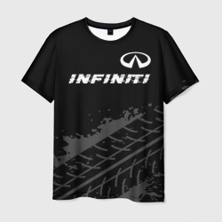 Мужская футболка 3D Infiniti speed на темном фоне со следами шин посередине