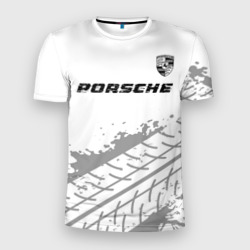 Мужская футболка 3D Slim Porsche speed на светлом фоне со следами шин посередине