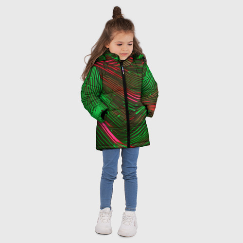 Зимняя куртка для девочек 3D с принтом Волнистые линии зелёные и красные, вид сбоку #3