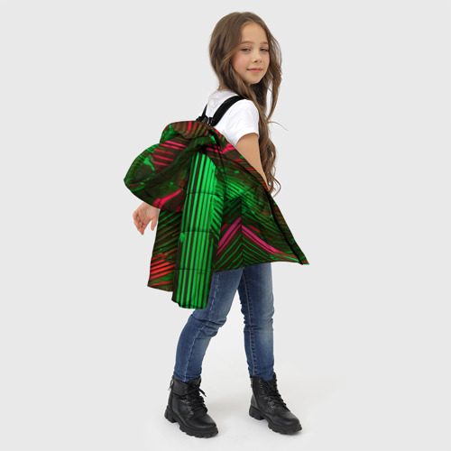Зимняя куртка для девочек 3D с принтом Волнистые линии зелёные и красные, фото #4
