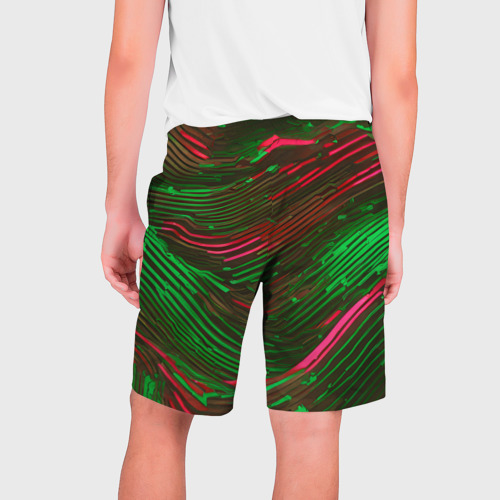 Мужские шорты 3D с принтом Волнистые линии зелёные и красные, вид сзади #1