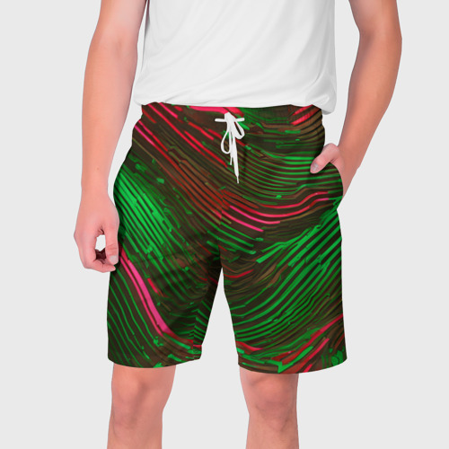 Мужские шорты 3D с принтом Волнистые линии зелёные и красные, вид спереди #2