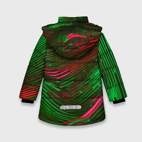 Зимняя куртка для девочек 3D с принтом Волнистые линии зелёные и красные, вид сзади #1