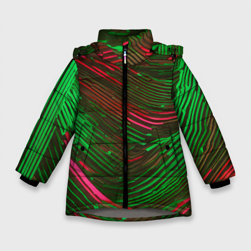 Зимняя куртка для девочек 3D с принтом Волнистые линии зелёные и красные, вид спереди #2
