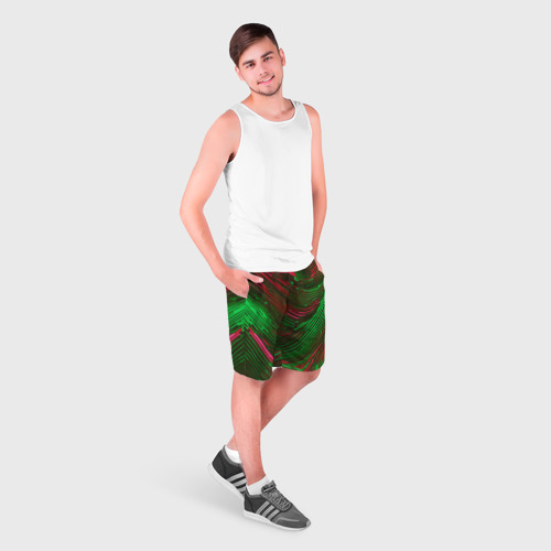 Мужские шорты 3D с принтом Волнистые линии зелёные и красные, фото на моделе #1