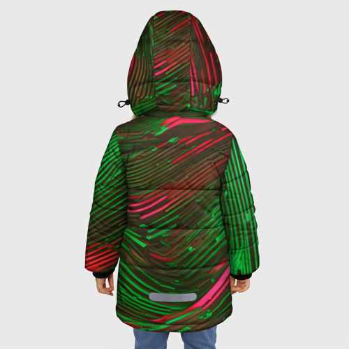 Зимняя куртка для девочек 3D с принтом Волнистые линии зелёные и красные, вид сзади #2