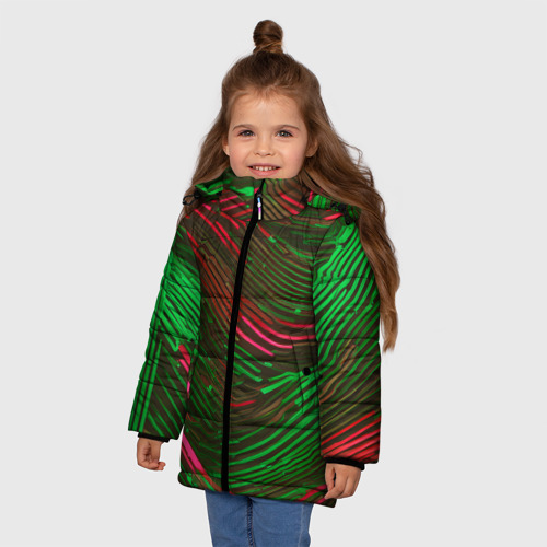 Зимняя куртка для девочек 3D с принтом Волнистые линии зелёные и красные, фото на моделе #1