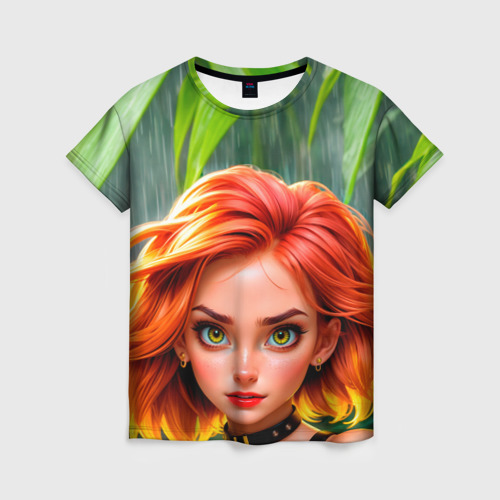 Женская футболка с принтом Девушка в джунглях под ливнем, вид спереди №1
