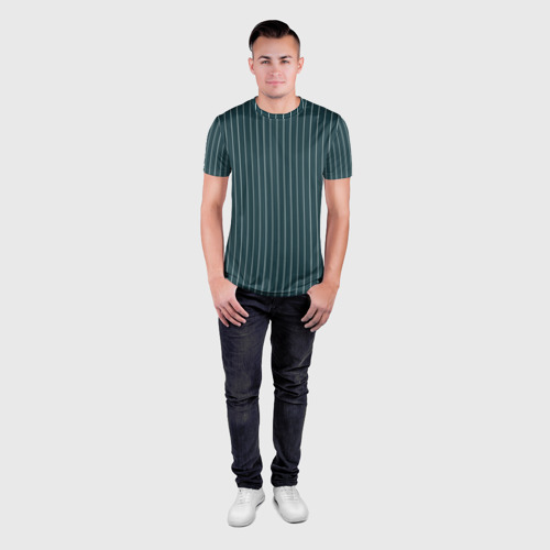 Мужская футболка 3D Slim с принтом Зеленовато-синий в полоску, вид сбоку #3