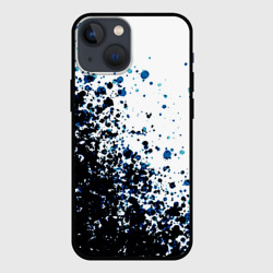 Чехол для iPhone 13 mini Чёрно-белый с синими кляксами