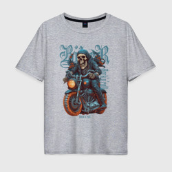 Мужская футболка хлопок Oversize Скелет байкера на мотоцикле под rock'n'roll