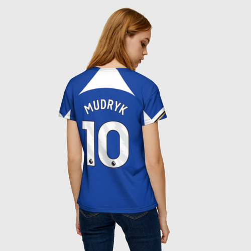 Женская футболка 3D с принтом Михаил Мудрик форма Челси 23-24 домашняя, вид сзади #2