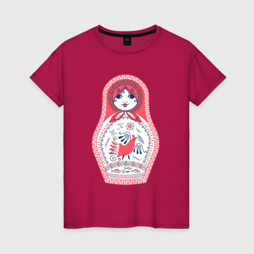 Женская футболка хлопок с принтом Матрешка красно черная с птицей петух, вид спереди #2