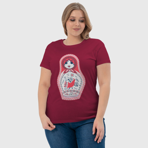 Женская футболка хлопок с принтом Матрешка красно черная с птицей петух, фото #4
