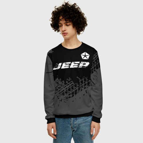 Мужской свитшот 3D Jeep speed на темном фоне со следами шин посередине, цвет черный - фото 3