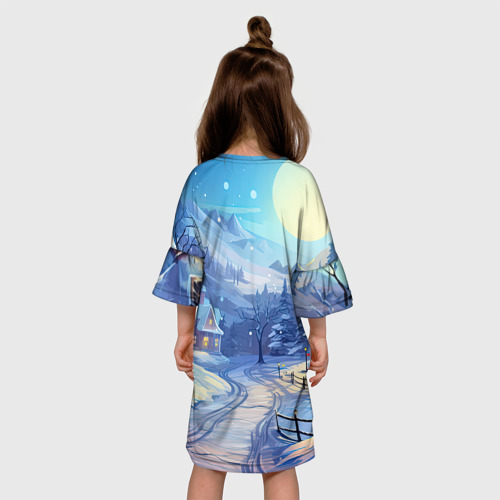 Детское платье 3D с принтом Зимняя новогодняя   деревня, вид сзади #2