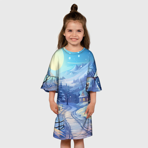 Детское платье 3D с принтом Зимняя новогодняя   деревня, вид сбоку #3
