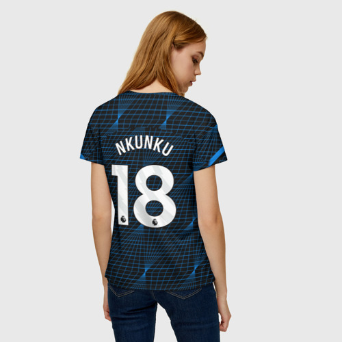 Женская футболка 3D с принтом Нкунку форма Челси 23-24 гостевая, вид сзади #2