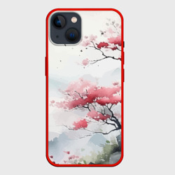 Чехол для iPhone 14 Сакура в тумане на Фудзияме