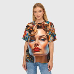 Женская футболка oversize 3D Нейросеть - портрет девушки в абстракции - фото 2