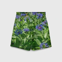 Детские спортивные шорты 3D Синие васильки с зелеными листьями