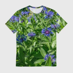 Мужская футболка 3D Синие васильки с зелеными листьями