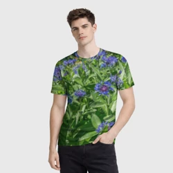 Мужская футболка 3D Синие васильки с зелеными листьями - фото 2