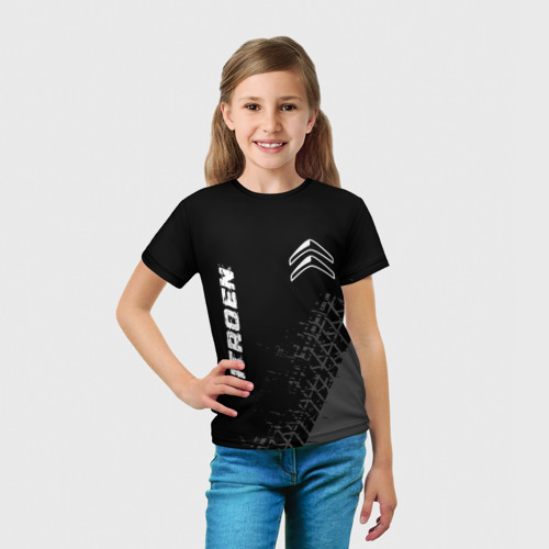 Детская футболка 3D Citroen speed на темном фоне со следами шин вертикально, цвет 3D печать - фото 5