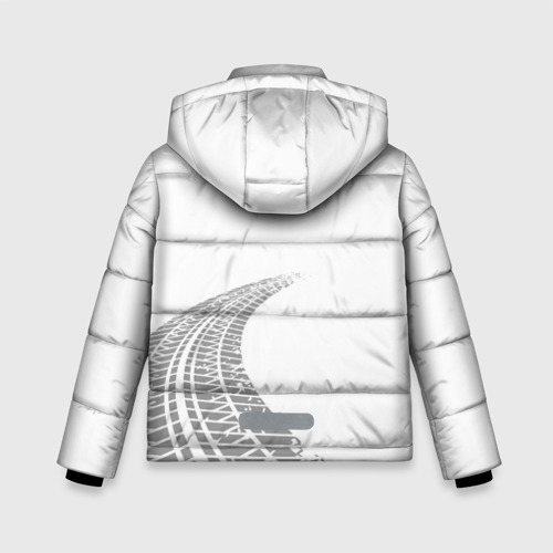 Зимняя куртка для мальчиков 3D с принтом Mazda speed на светлом фоне со следами шин вертикально, вид сзади #1