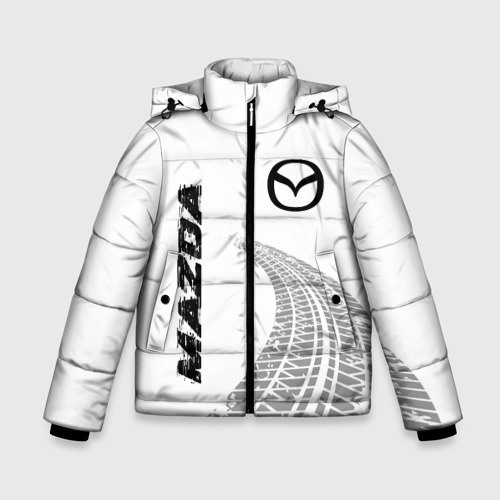 Зимняя куртка для мальчиков 3D с принтом Mazda speed на светлом фоне со следами шин вертикально, вид спереди #2