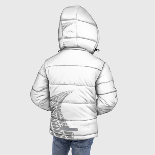Зимняя куртка для мальчиков 3D с принтом Mazda speed на светлом фоне со следами шин вертикально, вид сзади #2