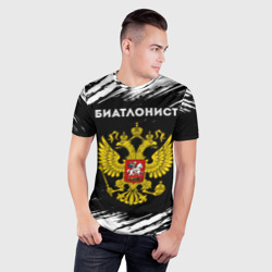 Мужская футболка 3D Slim Биатлонист из России и герб РФ - фото 2