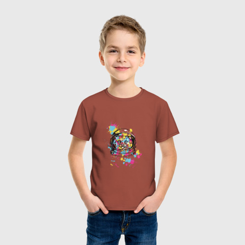 Детская футболка хлопок Разноцветная кошка, цвет кирпичный - фото 3