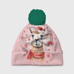 Шапка 3D c помпоном Лама в красной шапке и шарфе