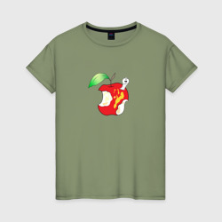 Червяк в надкусанном яблоке – Женская футболка хлопок с принтом купить со скидкой в -20%