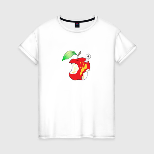 Женская футболка из хлопка с принтом Червяк в надкусанном яблоке, вид спереди №1