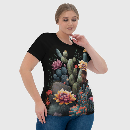 Женская футболка 3D Кактусы на чёрном фоне, цвет 3D печать - фото 6