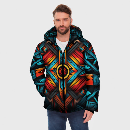 Мужская зимняя куртка 3D с принтом Симметричный геометрический узор в этническом стиле, фото на моделе #1
